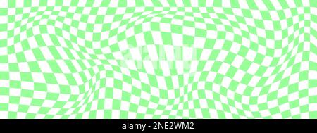 Verzerrtes Karomuster mit grünen und weißen Quadraten. Psychedelischer Schachbretthintergrund. Seltsame optische Täuschung. Komische Schachbrettstruktur Stock Vektor