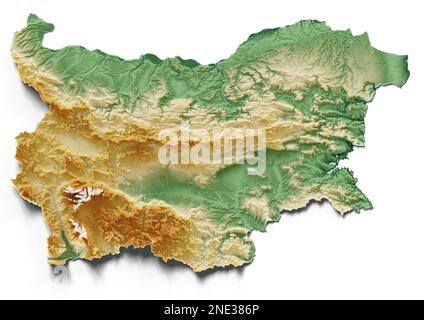 Bulgarien. Sehr detailliertes 3D-Rendering schattierter Reliefkarten mit Flüssen und Seen. Farbig nach Höhe. Erstellt mit Satellitendaten. Stockfoto