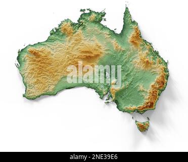 Australien. Sehr detailliertes 3D-Rendering schattierter Reliefkarten mit Flüssen und Seen. Farbig nach Höhe. Erstellt mit Satellitendaten. Stockfoto