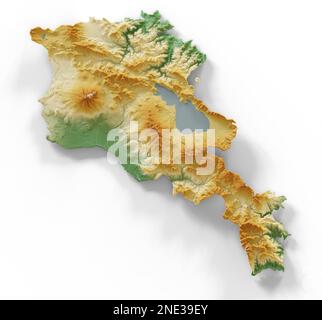 Armenien. Sehr detailliertes 3D-Rendering schattierter Reliefkarten mit Flüssen und Seen. Farbig nach Höhe. Erstellt mit Satellitendaten. Stockfoto