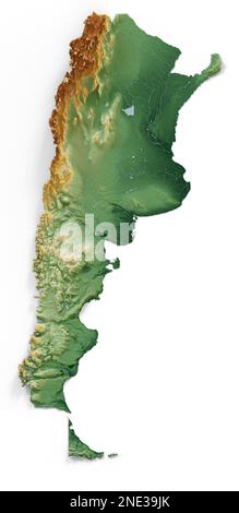 Argentinien. Sehr detailliertes 3D-Rendering schattierter Reliefkarten mit Flüssen und Seen. Farbig nach Höhe. Erstellt mit Satellitendaten. Stockfoto