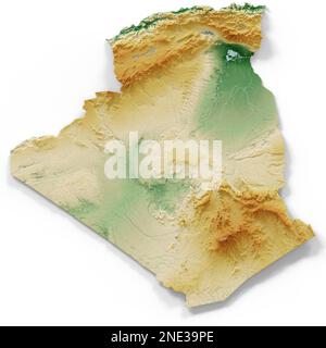 Algerien. Sehr detailliertes 3D-Rendering schattierter Reliefkarten mit Flüssen und Seen. Farbig nach Höhe. Erstellt mit Satellitendaten. Stockfoto