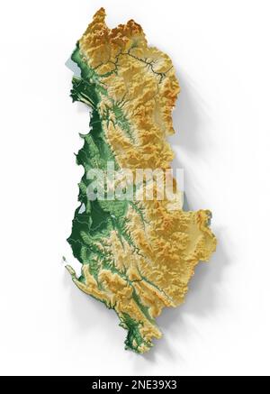 Albanien. Sehr detailliertes 3D-Rendering schattierter Reliefkarten mit Flüssen und Seen. Farbig nach Höhe. Erstellt mit Satellitendaten. Stockfoto