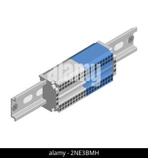 Anschlussklemmenblöcke zum Verbinden von Drähten auf einer din-Schiene. Isometrischer 3D-Stil, Vektordarstellung. Stock Vektor