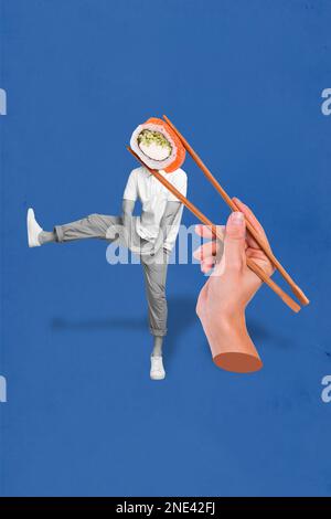 Zusammengesetzte Fotocollage eines kopflosen, absurden Mannes, der sorglos tanzt Genießen Sie Sushi-Brötchen essen japanische Essstäbchen isoliert auf blauem Hintergrund Stockfoto