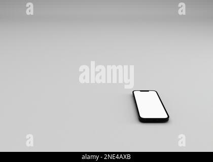 Ein 3D-Rendering eines Smartphones mit einem weißen Bildschirmmodell auf grauem Hintergrund. Stockfoto
