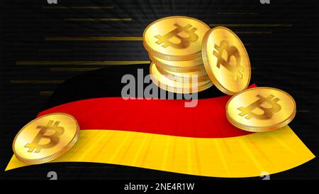 Stapel von Goldmünzen von Bitcoin BTC auf farbiger Flagge Deutschlands auf dunklem digitalem Hintergrund. Die Zentralbank von Deutschland verabschiedet Gesetze zu digitalen Vermögenswerten C Stockfoto