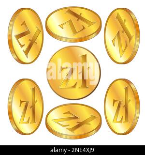 Satz von Goldmünze polnischer Zloty PLN isometrische Ansicht isoliert auf weiß. Vektordesign-Element. Stockfoto