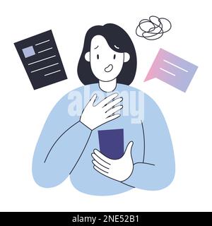 Person, die schlechte Nachrichten in Social Media-Feeds liest, ängstliche Gesichtsausdrücke, Hand auf die Brust legen, Verdammnis, Vektordarstellung Stock Vektor