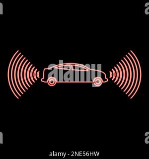 Neon-Autoradio Signalsensor Smart-Technologie Autopilot Vorder- und Rückrichtung rot Vektordarstellung Bild flache Beleuchtung Stock Vektor