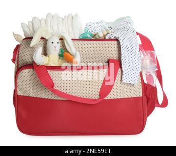 Mutters Tasche mit Babysachen, isoliert auf weiß Stockfoto