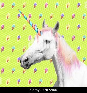 Trendige Kunstcollage. Wunderschönes Einhorn auf farbigem Hintergrund Stockfoto