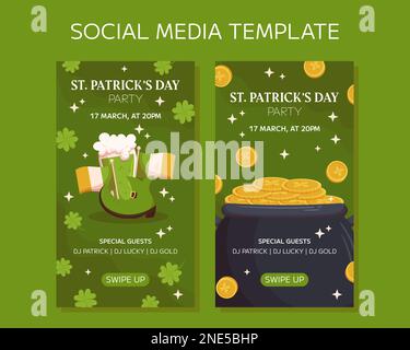 Vorlagendesign für vertikale Social-Media-Storys am St.Patricks Day-Feiertag. Leprechaun-Stiefel, irische Flagge, Glas mit grünem Bier, Topf mit Goldmünzen. Partyeinladung für Club und Pub Stock Vektor