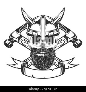 Wikingerschädel mit Schnurrbart und Bart und Hörner-Helm-Baumeister kreuzte Hämmer aus Neubau- und Umbauunternehmen in Monochrom Stock Vektor