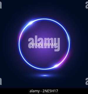 Neonfarbener runder Rahmen mit Lichtern auf dunkelblauem Hintergrund. Stock Vektor