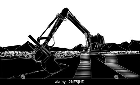 Bagger Silhouette auf Feld mit Blumen und Bergen hinter isoliert. Baggerschaufel auf Boden- und Raupenschienen. Vektordesign-Element. Stockfoto