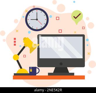 Freiberufler Home Office Desk-Konzept, HRM-Symbol, Tischuhr am Arbeitsplatz und PC-Vektorsymbol-Design, Abbildung „Werk von zu Hause“ Stock Vektor