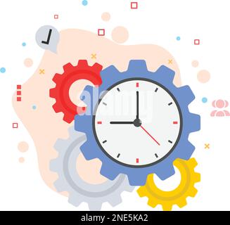 Drei Zahnräder synchronisieren sich miteinander. Bestandsdarstellung, Konzept für die Verwaltung der täglichen Arbeitszeit, hrm-Symbol, Farbdesign des Zahnrads im Uhreninneren Stock Vektor