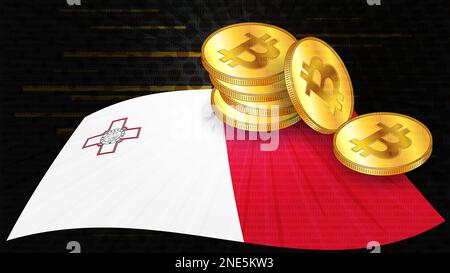 Stapel von Goldmünzen von Bitcoin BTC auf farbiger Flagge von Malta auf dunklem digitalem Hintergrund. Die Zentralbank von Malta verabschiedet Gesetze über digitale Vermögenswerte CBDC. Vec Stockfoto