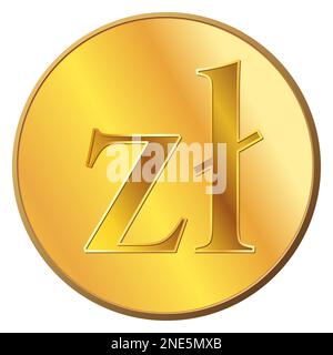 Goldene Münze Polish Zloty PLN Vorderansicht isoliert auf weiß. Vektordesign-Element. Stockfoto