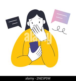 Eine Millennials-Frau liest schlechte schockierende Nachrichten in ihrem Social-Media-Feed, schockiert, legt ihre Hand auf ihr Gesicht, Vektordarstellung Stock Vektor