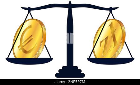 Goldmünze von polnischem Zloty PLN und Euro EUR auf Schuppen isoliert auf weißem Hintergrund. Gesetze zu digitalen Vermögenswerten CBDC. Vektordesign-Element. Stockfoto