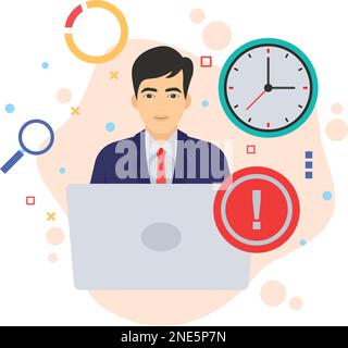 Unehrlicher Mitarbeiter mit Ausrufezeichen, unproduktives Mitarbeiterkonzept, hrm-Symbol, unproduktives Teamverhalten, Vektorsymbol in Farbe, Lazy Person Stock Vektor