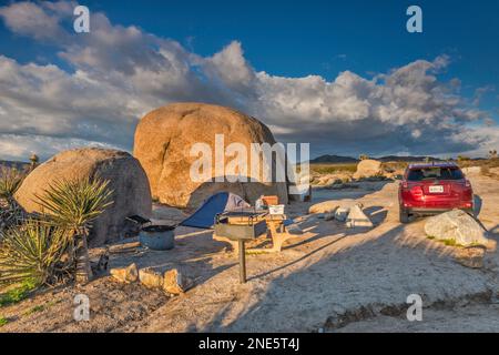 Campingplatz bei Granitfelsen, White Tank Campground, bei Sonnenaufgang, Mojave Desert, Joshua Tree National Park, Kalifornien, USA Stockfoto