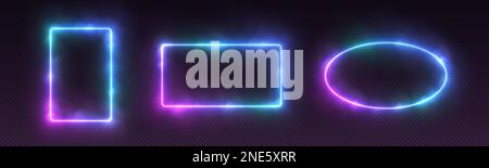 Neonrahmen mit Rauch, Farbverlauf, leuchtende Ränder mit Nebel, futuristische LED-Banner. Stock Vektor