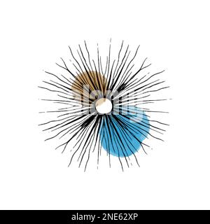 Vektordarstellung einer abstrakten Sonnenhand, gezeichnet in schwarzer Linie. Farbige Flecken von Aquarellfarbe. Logo für Isoterik, Himmelskörper, Astrologie. Stock Vektor