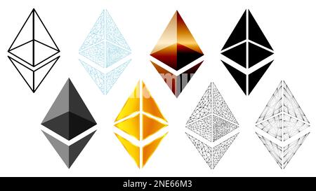 Satz von Token Ethereum ETH in goldenen Farben und Drahtmodell-Stil isoliert auf weißem Hintergrund. Für Website oder Banner. Vektordesign-Element. Stockfoto