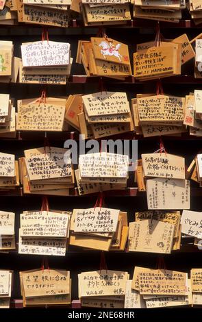 Japan, Tokio, Ueno-Park, Gebetskarten vor dem Kiyomizu Kannon-do-Tempel. Stockfoto