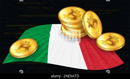 Stapel von Goldmünzen von Bitcoin BTC auf farbiger Flagge Italiens auf dunklem digitalem Hintergrund. Die Zentralbank von Italien verabschiedet Gesetze über digitale Vermögenswerte CBDC. Vec Stockfoto