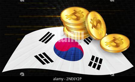 Stapel von Goldmünzen von Bitcoin BTC auf farbiger Flagge Südkoreas auf dunklem digitalem Hintergrund. Die Zentralbank der Republik Korea verabschiedet Gesetze zu Digita Stockfoto