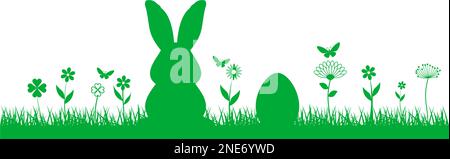 Ostersilhouettenvektor in Grün. Weißer isolierter Hintergrund. Ostersymbol Ornament mit Osterhasen, Osterei, Blumen, Gras und Schmetterling. Stock Vektor