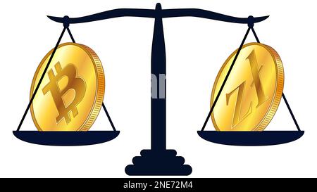 Goldmünze von Bitcoin BTC und polnischem Zloty PLN auf Schuppen isoliert auf weißem Hintergrund. Gesetze zu digitalen Vermögenswerten CBDC. Vektordesign-Element. Stockfoto