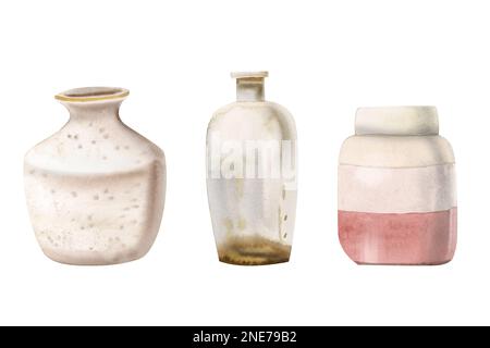 Aquarell-Set aus Vintage-Glas und Keramikvasen, Kannen und Flasche. Handgezeichnete Illustration in erdigen Pastelltönen auf weißem Hintergrund Stockfoto