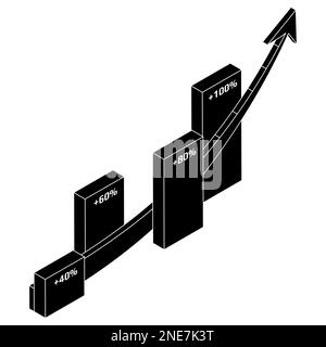 Isometrische Silhouette mit Diagramm und Pfeil nach oben auf weißem Hintergrund isoliert. Vektordesign-Element. Stockfoto