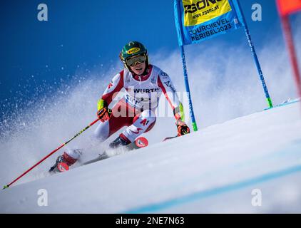 Courchevel, Frankreich. 16. Februar 2023. Alpinski: Weltmeisterschaft, Giant Slalom Frauen: Katharina Liensberger aus Österreich Ski im 1. Lauf. Kredit: Michael Kappeler/dpa/Alamy Live News Stockfoto