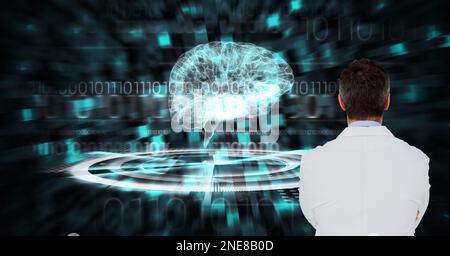 Die Zusammensetzung des Arztes unter Verwendung des virtuellen Bildschirms mit Hirnmodell Stockfoto