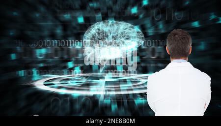 Die Zusammensetzung des Arztes unter Verwendung des virtuellen Bildschirms mit Hirnmodell Stockfoto