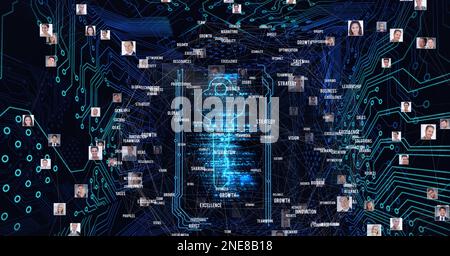 Zusammensetzung des Netzwerks von Verbindungen mit über Sicherheitsschlüssel und Computerplatine Stockfoto