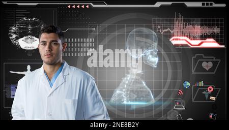 Zusammensetzung am männlichen Arzt über Bildschirm mit digitalem menschlichen Skelett und medizinischer Datenverarbeitung Stockfoto