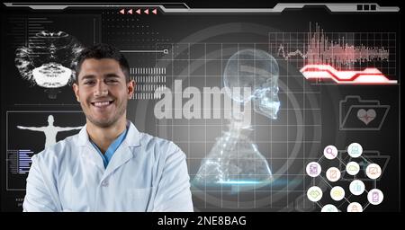 Zusammensetzung am männlichen Arzt über Bildschirm mit digitalem menschlichen Skelett und medizinischer Datenverarbeitung Stockfoto