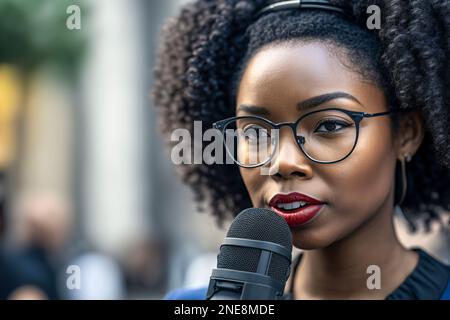 Glückliche afrikanische Reporterin, die arbeitet Stockfoto