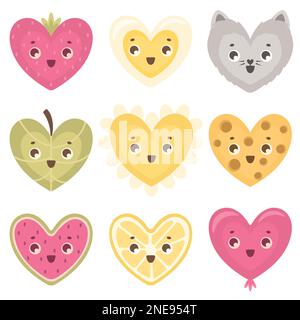 Eine Reihe von Lebensmitteln, Pflanzen und Gegenständen in Form eines Herzens. Kawaii-Figuren zum Valentinstag. Süße Cartoon-Elemente für die Feiertage im februar 14, Baby-Produkt Stock Vektor