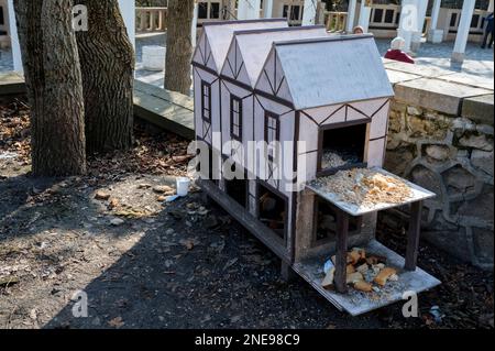 Blick auf den Futtermarkt in Form eines Hauses für Vögel und Eichhörnchen im Park, Nahaufnahme. Stockfoto
