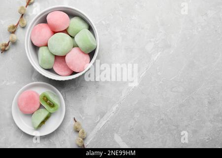 Köstliche Mochi- und Weidenzweige auf hellgrauem Marmortisch, flach liegend mit Platz für Text. Traditionelles japanisches Dessert Stockfoto