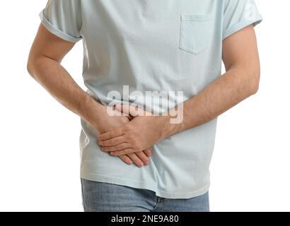 Mann mit akuter Appendizitis auf weißem Hintergrund, Nahaufnahme Stockfoto