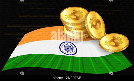 Stapel von Goldmünzen von Bitcoin BTC auf farbiger Flagge Indiens auf dunklem digitalem Hintergrund. Die Zentralbank von Indien verabschiedet Gesetze zu digitalen Vermögenswerten CBDC. Vec Stockfoto